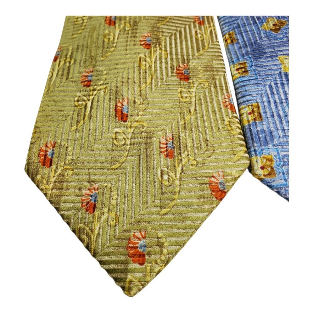 Ermenegildo Zegna 2 Luxury Silk Ties Elegant Floral &Geometric Pattern Blue Gold - Picture 3 of 9